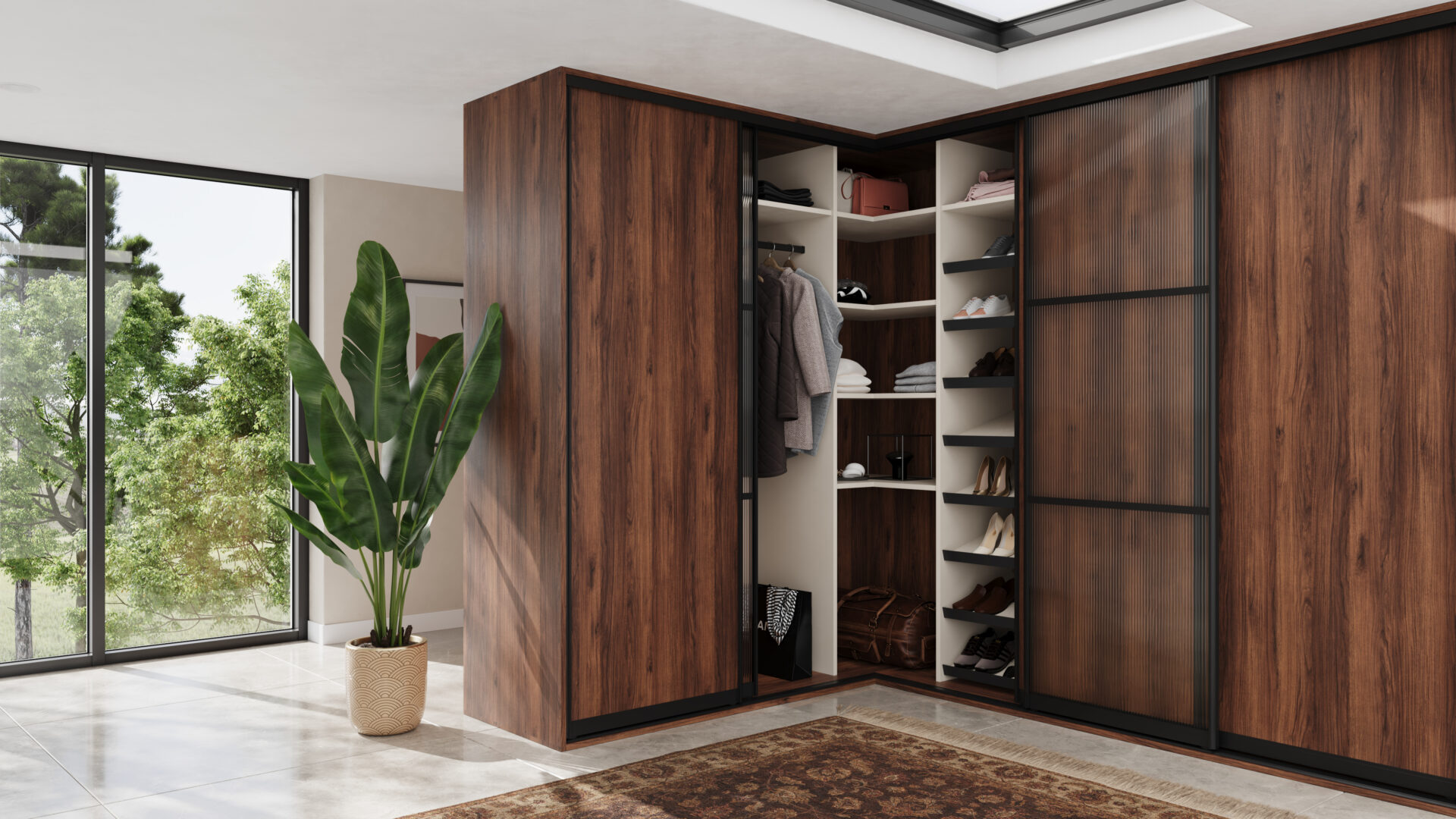 Hjørnegarderobe med skydedøre